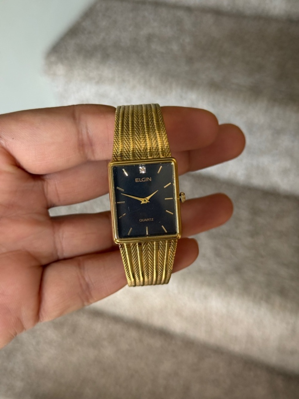 Elgin vintage Gold Tone Rectangular mens tank Watch with Black Diamond  dot Dial
